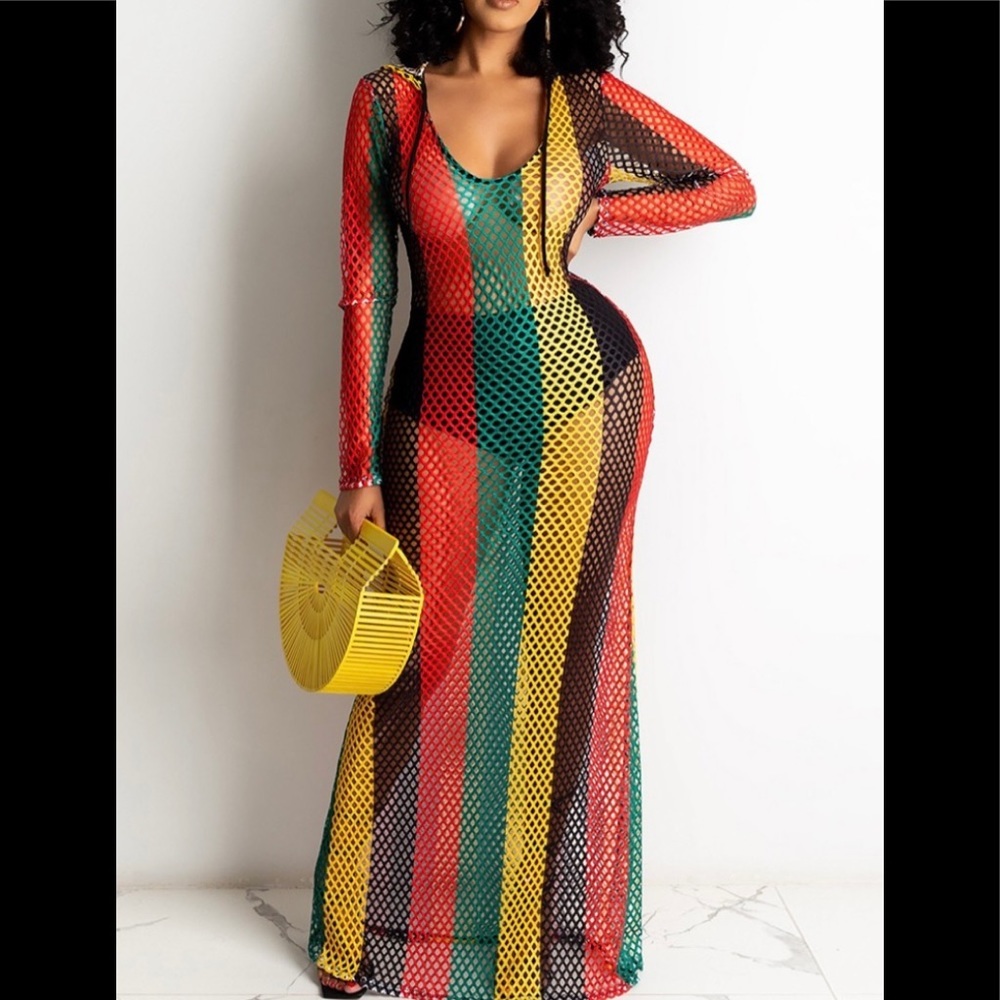 Color block fishnet design hooded cover up dress. - Picture 3 of 3